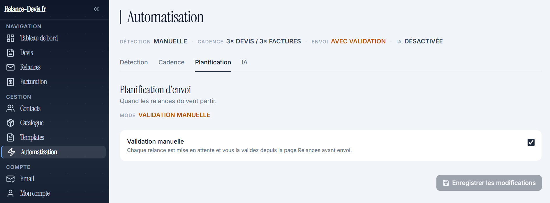 Configuration des relances : mode automatique ou validation manuelle, délais personnalisés