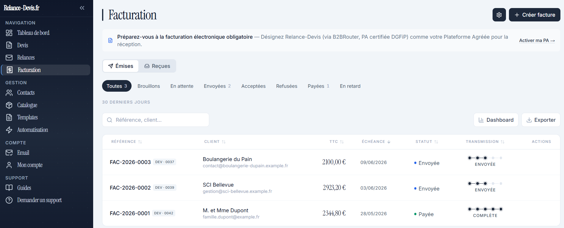 Liste des factures émises avec statut de transmission e-facture