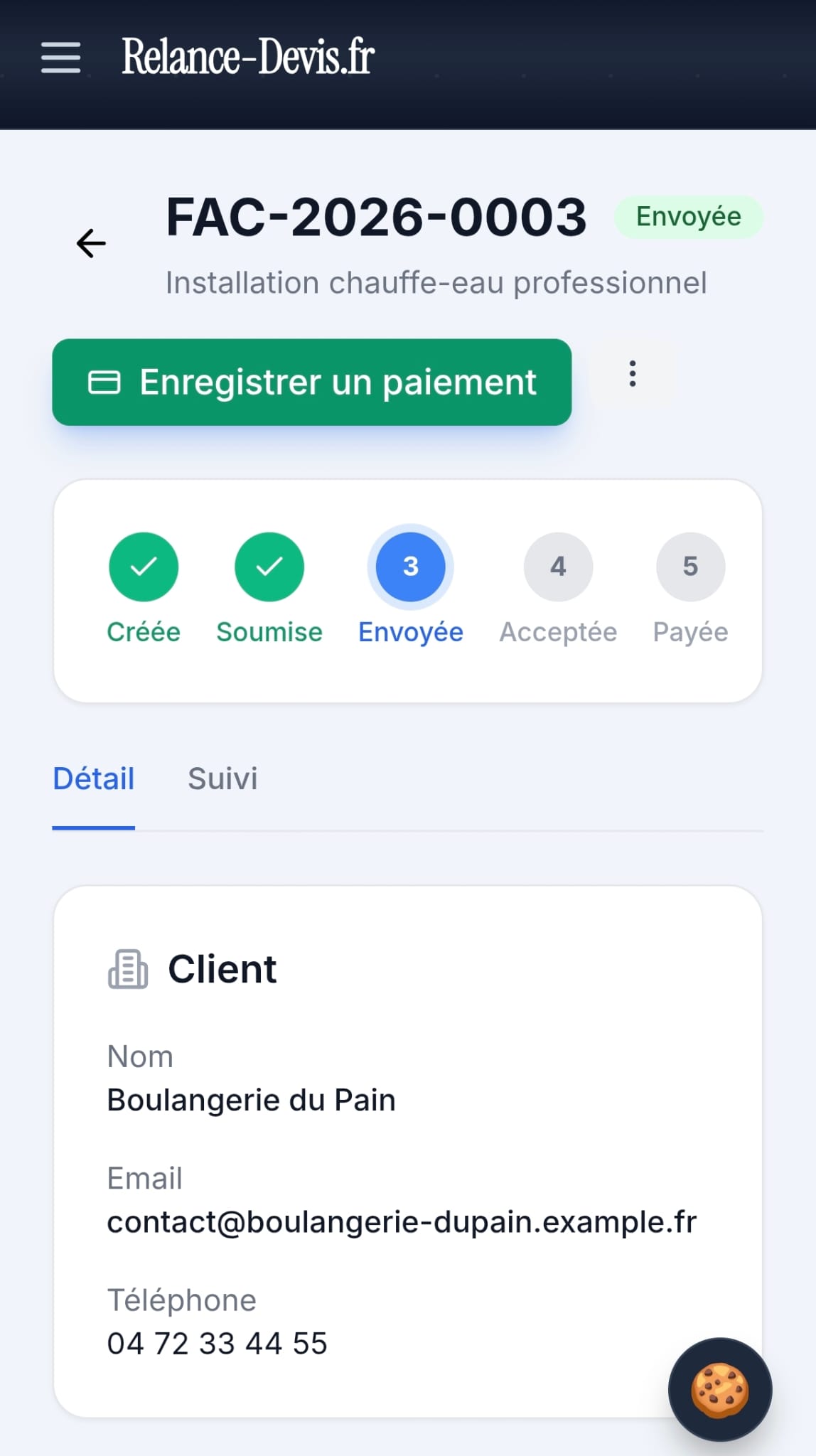 Facture consultée sur mobile dans Relance-Devis