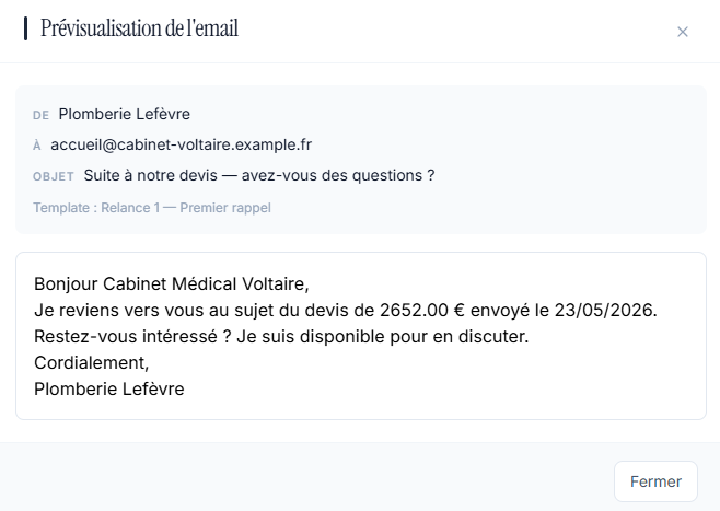 Aperçu de l'email de relance envoyé automatiquement au client