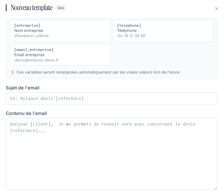 Éditeur de template de relance avec variables personnalisables (entreprise, client, référence)